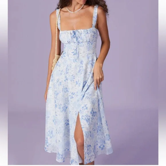 Rihoas Blue Square Neck Floral Ruched Midi Dress - Picture 3 of 11